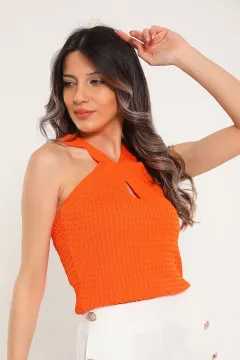 Kadın V Yaka Kalın Askılı Sırt Dekolteli Mevsimlik Triko Bluz Orange