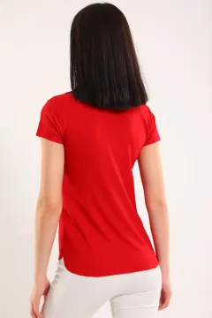 Kadın V Yaka Kendinden Desenli T-shirt Kırmızı