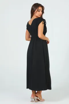 Kadın V Yaka Kol Büzgü Detaylı Ön Düğmeli Elbise Siyah