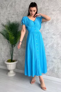 Kadın V Yaka Kol Büzgü Detaylı Ön Düğmeli Elbise Mavi