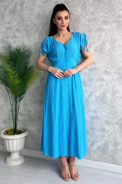 Kadın V Yaka Kol Büzgü Detaylı Ön Düğmeli Elbise Mavi