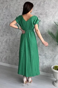 Kadın V Yaka Kol Büzgü Detaylı Ön Düğmeli Elbise Yeşil