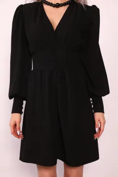 Kadın V Yaka Kol Manşetli Elbise Siyah