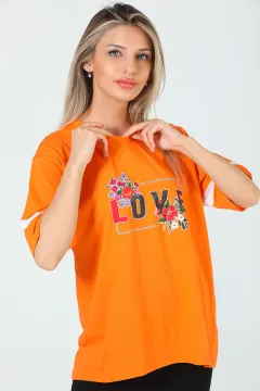 Kadın V Yaka Ön Baskılı Kol Şerit Detaylı Salaş T-shirt Orange