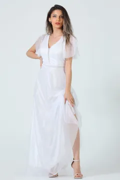 Kadın V Yaka Simli Abiye Elbise Beyaz