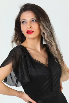 Kadın V Yaka Simli Abiye Elbise Siyah
