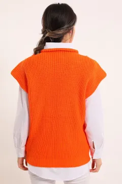 Kadın Vatkalı Örgü Detaylı Triko Süveter Orange