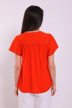 Kadın Yaka Bağlamalı Dantel Detaylı Salaş Bluz Orange