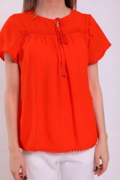 Kadın Yaka Bağlamalı Dantel Detaylı Salaş Bluz Orange