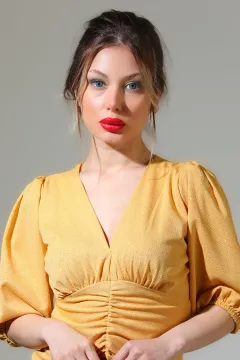 Kadın Yaka Detaylı Ön Büzgülü Simli Abiye Elbise Sarı