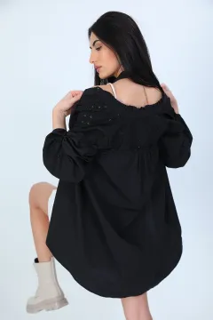 Kadın Yaka Fırfırlı Omuz Fisto Detaylı Tunik Gömlek Siyah