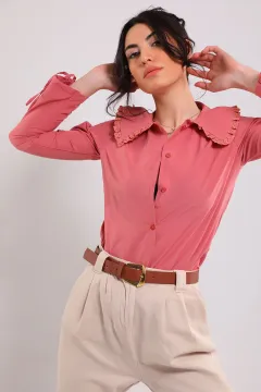 Kadın Yaka Fisto Detaylı Kol Şeritli Gömlek Gülkurusu