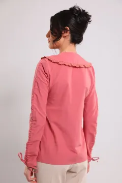 Kadın Yaka Fisto Detaylı Kol Şeritli Gömlek Gülkurusu