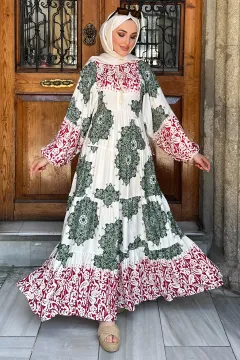 Kadın Yaka İpli Eteği Kat Kat Desenli Viskon Elbise Haki