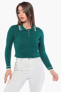 Kadın Yaka Kol Çizgili Düğmeli Triko Bluz Yeşil