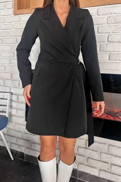 Kadın Yan Bağlamalı Astarlı Elbise Ceket Siyah