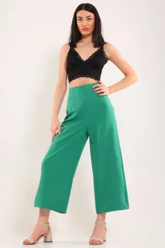 Kadın Yan Fermuarlı Bol Paça Pantolon Yeşil