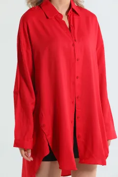 Kadın Yan Yırtmaç Düğme Detaylı Gömlek Tunik Kırmızı