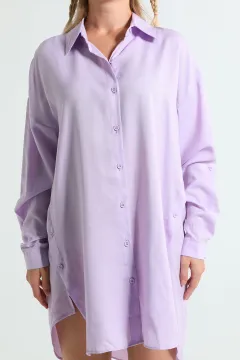 Kadın Yan Yırtmaç Düğme Detaylı Gömlek Tunik Lila