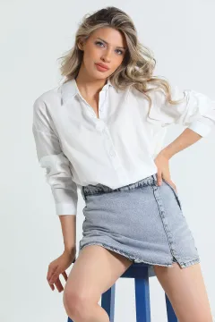 Kadın Yan Yırtmaç Düğme Detaylı Gömlek Tunik Krem