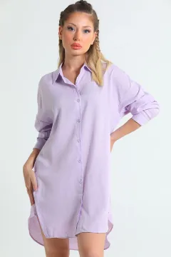Kadın Yan Yırtmaç Düğme Detaylı Gömlek Tunik Lila