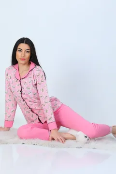 Kadın Yaprak Detaylı Ribanalı Pijama Takımı Pembe