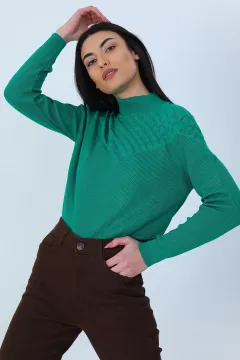 Kadın Yarım Balıkçı Ön Detaylı Triko Bluz Yeşil