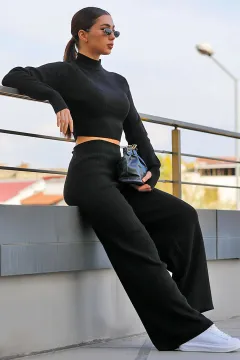 Kadın Yarım Balıkçı Örgü Crop Kazak Pantolon Triko Alt-üst Takım Siyah