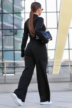 Kadın Yarım Balıkçı Örgü Crop Kazak Pantolon Triko Alt-üst Takım Siyah