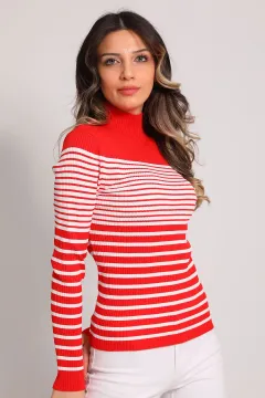 Kadın Yarım Balıkçı Yaka Çizgi Desenli Bluz Kırmızı