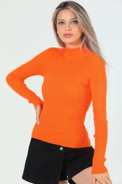 Kadın Yarım Balıkçı Yaka Likralı Triko Bluz Orange