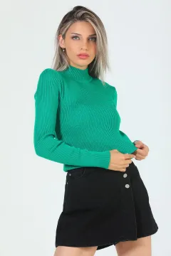Kadın Yarım Balıkçı Yaka Likralı Triko Bluz Yeşil