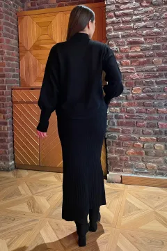 Kadın Yarım Balıkçı Yaka Nakışlı Triko Bluz Elbise İkili Takım Siyah