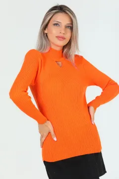 Kadın Yarım Balıkçı Yaka Ön Pencereli Likralı Triko Bluz Orange