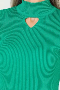 Kadın Yarım Balıkçı Yaka Ön Pencereli Likralı Triko Bluz Yeşil
