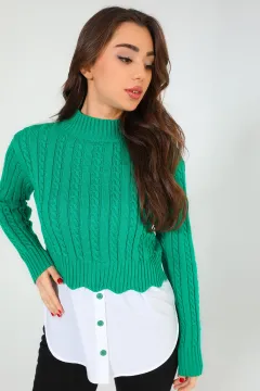Kadın Yarım Balıkçı Yaka Örgü Desenli Triko Bluz Yeşil