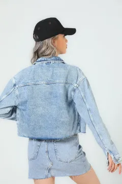 Kadın Yırtıklı Crop Jeans Ceket Buzmavisi