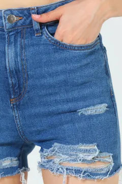 Kadın Yırtıklı Jeans Şort Lacivert