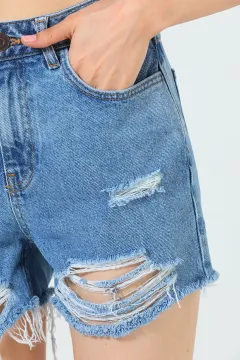Kadın Yırtıklı Jeans Şort Mavi
