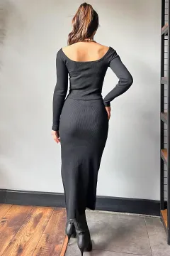 Kadın Yırtmaç Detaylı Kaşkorse Etek Bluz İkili Takım Siyah