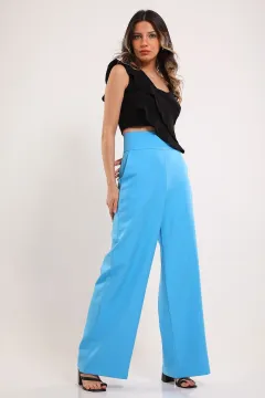 Kadın Yüksek Bel Bol Paça Pantolon Mavi