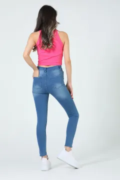 Kadın Yüksek Bel Dar Paça Jeans Pantolon Koyumavi
