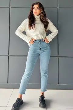 Kadın Yüksek Bel Jeans Pantolon Buzmavisi