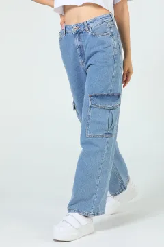 Kadın Yüksek Bel Kargo Cepli Jeans Pantolon Mavi