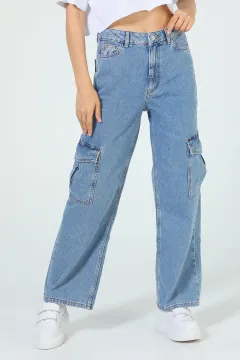 Kadın Yüksek Bel Kargo Cepli Jeans Pantolon Mavi