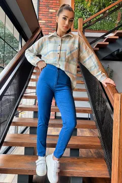 Kadın Yüksek Bel Likralı Dar Jean Kot Pantolon Mavi