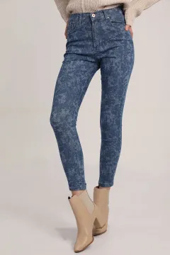 Kadın Yüksek Bel Likralı Desenli Skinny Jean Mavi