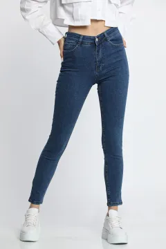 Kadın Yüksek Bel Likralı Jeans Pantolon Mavi