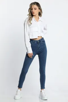 Kadın Yüksek Bel Likralı Jeans Pantolon Mavi