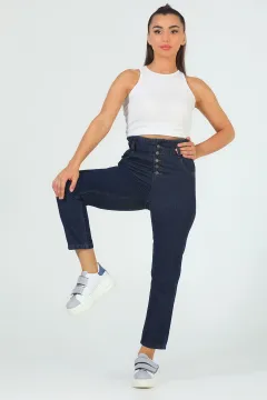 Kadın Yüksek Bel Mom Jeans Pantolon Lacivert